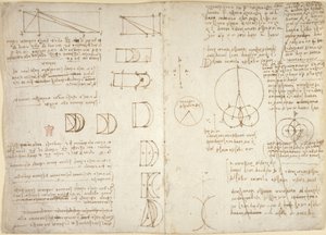 Arundel 263, f.222v, f.219, Rysunki dotyczące sił i sił mechanicznych, perkusji, grawitacji, ruchu, optyki i astronomii, z różnymi twierdzeniami arytmetycznymi i geometrycznymi (pióro i tusz na papierze) autorstwa Leonardo da Vinci