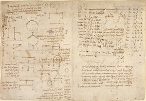 Arundel 263, f.228v, f.227 Notatki i diagramy dotyczące mechaniki z „Codex Arundel” (pióro i atrament na papierze) autorstwa Leonardo da Vinci
