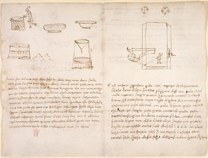 Arundel 263, f.259v, f.260 Notatki i prymitywne szkice dotyczące procesu produkcji saletry do przygotowania prochu strzelniczego (nie w ręku Leonarda) (pióro i atrament na papierze) autorstwa Leonardo da Vinci