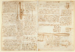 Arundel 263 f.269v, f.264 Notatki i szkic na urządzeniu hydraulicznym z „Codex Arundel” (pióro i atrament na papierze) autorstwa Leonardo da Vinci