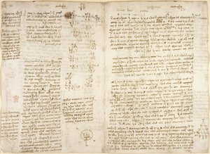 Arundel 263, f.279v f.280, Notatki, obliczenia matematyczne i diagram zatytułowany „prespectiva”, o piramidach „kaustycznych”, mechanika (w odniesieniu do Archimedesa), astronomia i mechanika, c.1515 (pióro i atrament na papierze) autorstwa Leonardo da Vinci