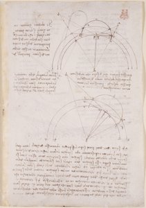 Arundel 263, f.28 Uwagi i diagramy geometryczne dotyczące optyki, nawiązujące do problemu Alhazena autorstwa Leonardo da Vinci
