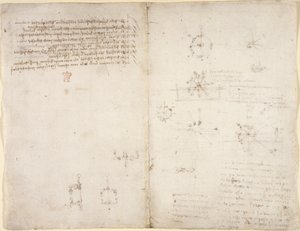 Arundel 263, f.35v, f.34 Rysunki dotyczące sił i sił mechanicznych, perkusji, grawitacji, ruchu, optyki i astronomii, z różnymi twierdzeniami arytmetycznymi i geometrycznymi. autorstwa Leonardo da Vinci