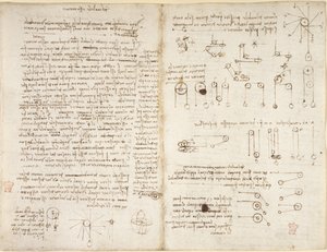 Arundel 263, f.43v, f.42, Notatki i diagramy dotyczące mechaniki, zatytułowane „Del mobile essu motore” z „Codex Arundel” (pióro i atrament na papierze) autorstwa Leonardo da Vinci