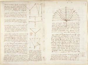 Arundel 263, f.5v, f.10v Uwagi i diagramy dotyczące mechaniki autorstwa Leonardo da Vinci