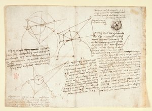 Arundel 263, f.64v Odwrotna strona pojedynczego dużego arkusza, poprzednio oprawiona wzdłuż prawej krawędzi i złożona do zeszytu. Notatki i diagramy dotyczące optyki, dotyczące problemu Alhazena; schematyczny szkic gałki ocznej wraz z notatkami odnoszącymi autorstwa Leonardo da Vinci