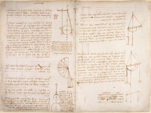 Arundel 263, f.67v, f.66 Uwagi i diagramy dotyczące mechaniki, z „Codex Arundel”, c.1503-5 (pióro i atrament na papierze) autorstwa Leonardo da Vinci