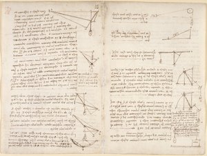 Arundel 263, f.7v, f.8 Uwagi i diagramy dotyczące mechaniki autorstwa Leonardo da Vinci