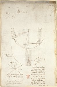 Arundel 263, f.85v Diagramy dotyczące optyki, dotyczące kaustyki odbicia; notatka i szkic dotyczący mechaniki, dotyczący siły perkusji oraz z odniesieniami do arystotelesowskiej zasady „ogni attione facta dalla natura è facta nel più brieve modo”, autorstwa Leonardo da Vinci