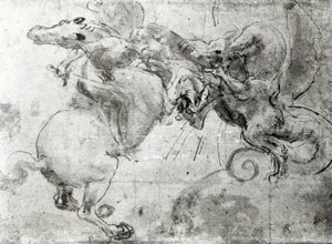 Bitwa między Jeźdźcem a Smokiem, ok.1482 (rysunek rysikiem, pióro i pędzel na papierze) autorstwa Leonardo da Vinci