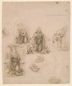 Szkice kompozycyjne do Matki Boskiej Adorującej Dzieciątko Jezus, 1480-85 (silverpoint) autorstwa Leonardo da Vinci