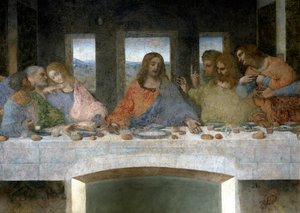 Fragment Cene (Il Cenacolo (Ultima Cena)) przedstawiający po lewej stronie apostołów Judasza, Piotra i Jana, Chrystusa w środku oraz apostołów Tomasza, Jakuba Większego i Filipa. Litera V między Janem a Chrystusem odnosiłaby się do kielicha Graala lub autorstwa Leonardo da Vinci