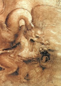 Szczegół smoka z rysunku Walka smoka z lwem brązowy tusz z wash on paper
