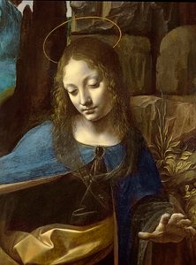 Szczegół Głowy Dziewicy z Dziewicy na Skale (Dziewica z Dzieciątkiem Święty Jan adorujący Dzieciątko Chrystus w towarzystwie Anioła), c.1508