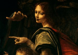 Szczegół Dziewica ze skałami, Święty Jan Chrzciciel wskazujący palec i ręka Matki Boskiej autorstwa Leonardo da Vinci