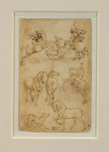 Dwóch jeźdźców walczących ze smokiem; jeździec i dwa konie; pies i koń ... autorstwa Leonardo da Vinci