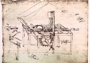 Fragment rękopisu Da Vinci opisującego zasadę działania i budowę "piły hydraulicznej z automatycznym napędem" (rękopis) autorstwa Leonardo da Vinci