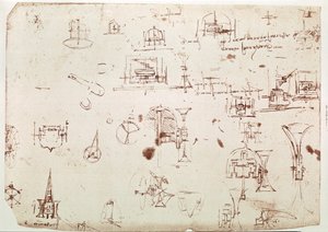 Fragment rękopisu Da Vinci opisującego zasadę działania i budowę "łodzi z napędem za pomocą kół" (rękopis) autorstwa Leonardo da Vinci