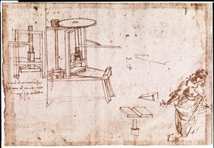 Fragment manuskryptu Da Vinci opisującego zasadę działania i budowę "maszyny drukarskiej" (manuskrypt) autorstwa Leonardo da Vinci
