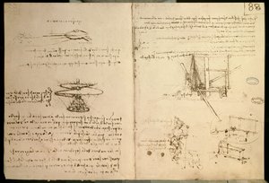 Maszyny latające, jeden z pierwszych rysunków przypominającej helikopter maszyny latającej, 1487 autorstwa Leonardo da Vinci