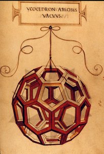 Geometria: „” Dwudziestościan”” Strona zaczerpnięta z rękopisu „” De divina proporcja”” (O boskich proporcjach) matematyka Fra Luca Pacioli dit Luca di Borgo (1445-1517) zilustrowana przez Leonarda da Vinci (1452-1519). 1509. autorstwa Leonardo da Vinci