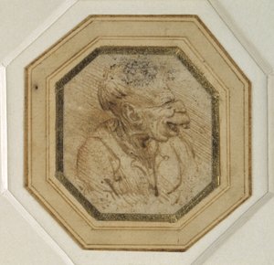 Groteskowa głowa (pióro i tusz na papierze) autorstwa Leonardo da Vinci