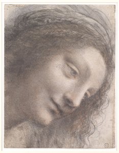 Głowa Dziewicy, 1508-1512 (czarna kreda, węgiel i czerwona kreda, ze śladami białej kredy na kartonie) autorstwa Leonardo da Vinci