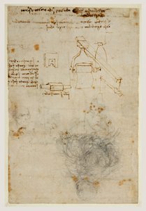 د زاړه سړي او د ماشینونو د مطالعاتو مشر، c.1503-06 (تور چاک، قلم او نسواري رنګ) پولی autorstwa Leonardo da Vinci