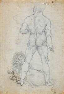 Herkules i lew nemejski, ok. 1930 r. 1506-08 (węgiel i metalowa końcówka na białym papierze) autorstwa Leonardo da Vinci