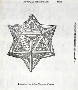 Hexacedron abscissum podwyższona próżnia, ilustracja z „Divine Proportion” Luca Pacioli (c.1445-1517), pierwotnie wyd. Wenecja, 1509 autorstwa Leonardo da Vinci