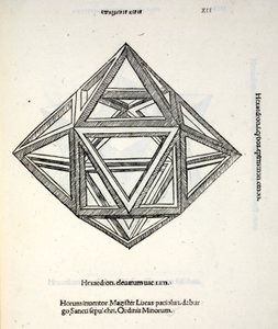 Hexaedron podwyższona próżnia, ilustracja z „Divine Proportion” Luca Pacioli (c.1445-1517), pierwotnie wyd. Wenecja, 1509 autorstwa Leonardo da Vinci