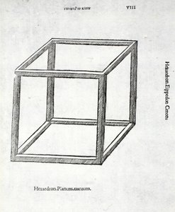 Sześcian w pełnej próżni, ilustracja z „Divine Proportion” Luca Pacioli (ok. 1445-1517), pierwotnie wyd. Wenecja, 1509 autorstwa Leonardo da Vinci