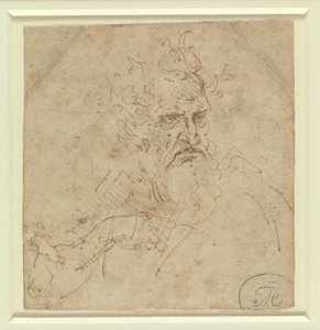 Głowa ponuro wyglądającego siwego starca z prawą ręką autorstwa Leonardo da Vinci