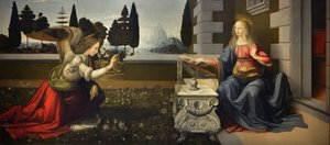 Włochy Toskania Florencja, Galeria Uffizi: Zwiastowanie, obraz Leonarda da Vinci (1452-1519), olej na drewnie, ok. 1472-1475, 98x217 cm autorstwa Leonardo da Vinci