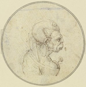 Karykatura starszej kobiety, portret od pasa w górę z różą przy piersi, widziana z profilu w prawo autorstwa Leonardo da Vinci