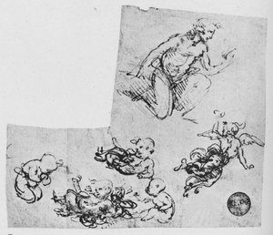 Klęcząca młodość i Putti, ok. 1480 1945 r. autorstwa Leonardo da Vinci