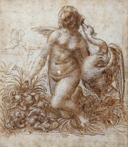 Leda i łabędź (pióro i brązowy tusz na czarnej kredzie na papierze) autorstwa Leonardo da Vinci
