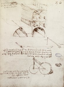 Rękopis B, f 36 r Studia architektoniczne, zagospodarowanie i przekroje budynków w mieście z podniesionymi ulicami (pióro i tusz na papierze) autorstwa Leonardo da Vinci