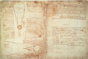 Notatki i dwa diagramy przedstawiające związek między ziemią a księżycem i słońcem autorstwa Leonardo da Vinci