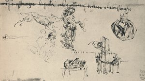 Arkusz etiud z młodą kobietą, wilkiem itp., ok. 1480 1945 r. autorstwa Leonardo da Vinci