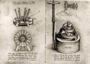 Studia z mechaniki; po prawej, sprężyna zegara autorstwa Leonardo da Vinci