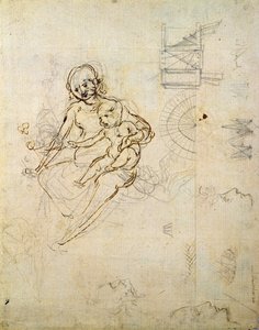 Studia dla Dziewicy z Dzieciątkiem i Głowami w Profilu i Maszynach, ok. 1478-80 (ołówek i atrament na papierze) autorstwa Leonardo da Vinci