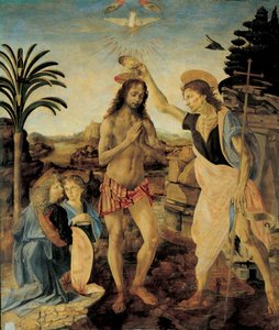 Chrzest Chrystusa około 1475 - 1478 autorstwa Andrea del Verrocchio (1436-1488) i Leonarda da Vinci (Leonard of Vinci) (1452-1516), olej i tempera na drewnie autorstwa Leonardo da Vinci