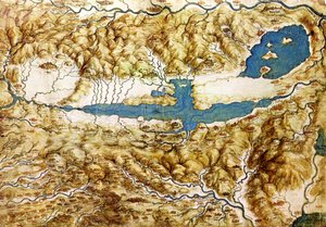 Topograficzny widok na okolicę wokół niziny Arezzo i Val di Chiana, początek XVI w autorstwa Leonardo da Vinci