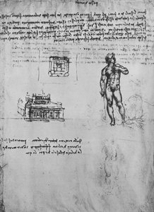 Dwa studia aktu oraz widok i plan budynku, ok. 1480 1945 r autorstwa Leonardo da Vinci