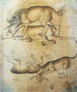 Jednorożec atakujący krowę i lampart atakujący owcę, studium zwierząt, Leonardo da Vinci (1452-1519), rysunek autorstwa Leonardo da Vinci