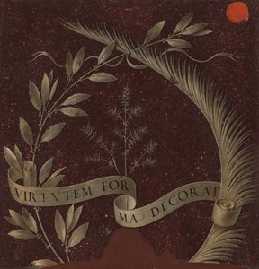 Wieniec laurowy, palmowy i jałowcowy ze zwojem z inskrypcją Virtutem Forma Decorat [rewers], ok. 1930 r. 147 autorstwa Leonardo da Vinci
