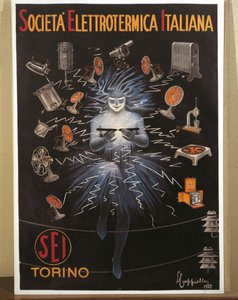 Kolorowa litografia Leonetto Cappiello, SEI, plakat reklamowy włoskiej firmy Electroheat autorstwa Leonetto Cappiello