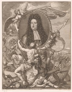 Portret Eugeniusza Sabaudzkiego niesiony przez alegoryczne postacie autorstwa Leonhard Heckenauer