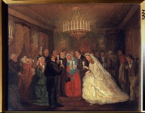 Ślub. (Goście weselni stukają kieliszkami wokół nowożeńców.) Obraz Leonida Iwanowicza Solomatkina (1837-1883), olej na płótnie